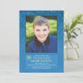 Halftone blauwe foto uitnodiging (Staand voorkant)