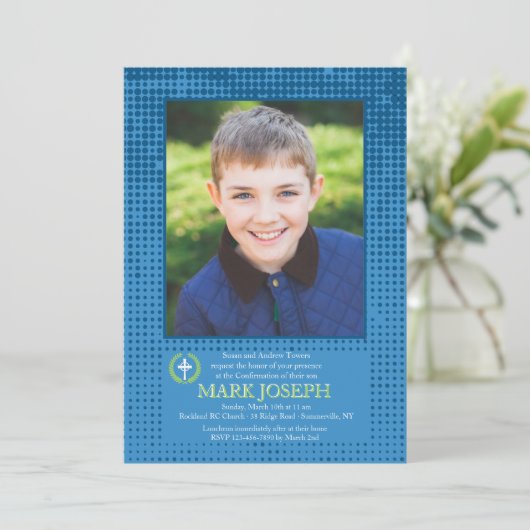 Halftone blauwe foto uitnodiging (Staand voorkant)