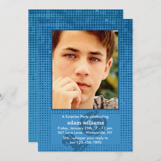 Halftone Blue Photo Invitation Kaart (Voorkant / Achterkant)