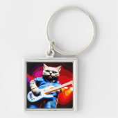 Halftone Metal Moggy Cat Guitarist in Denim Sleutelhanger (Voorkant)