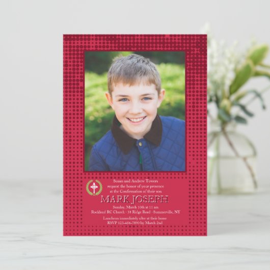 Halftone Red Photo Invitation Kaart (Staand voorkant)