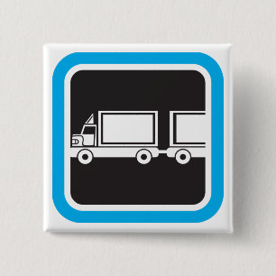 Halfweg vrachtwagen en aanhangwagen blauw pictogra vierkante button 5,1 cm