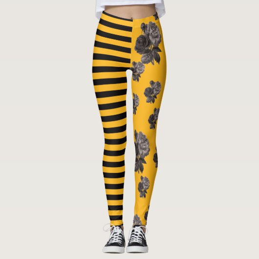 Halfzware en halve Roos Floral Black en Gold Leggings (Voorkant)