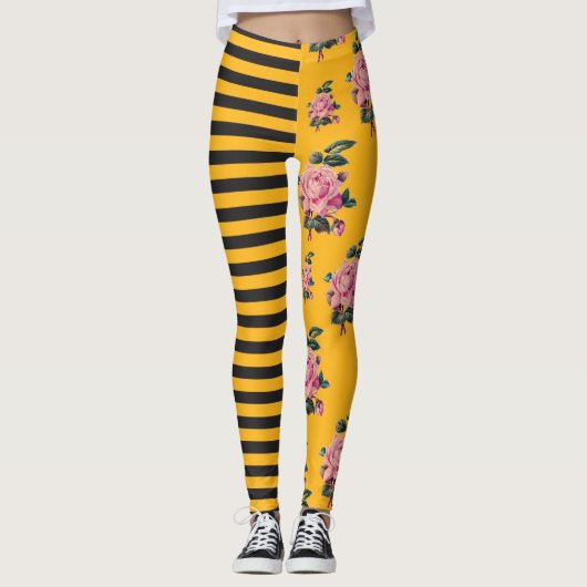 Halfzware en halve Roos Floral Black en Gold Leggings (Voorkant)