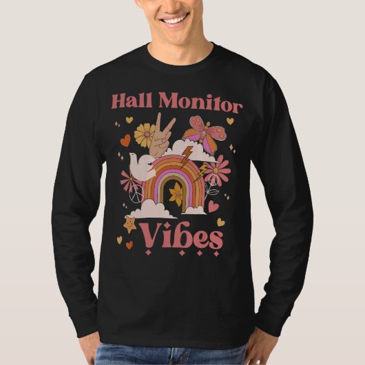 Hall Monitor Sfeer School Groovy Retro Boho Regenb T-shirt (Voorkant)