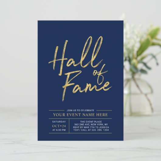 Hall of Fame | Gouden en Blauwe Moderne Partij Kaart (Staand voorkant)