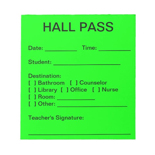 Hall Pass Pad (Neon Green) Notitieblok (Voorkant)
