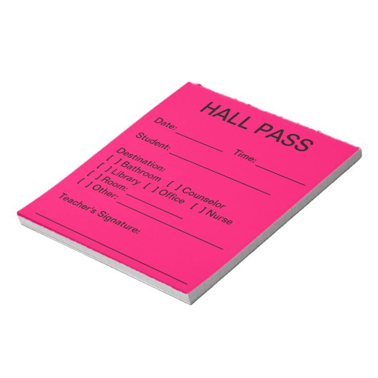 Hall Pass Pad (Neon Pink) Notitieblok (Linkerzijde)