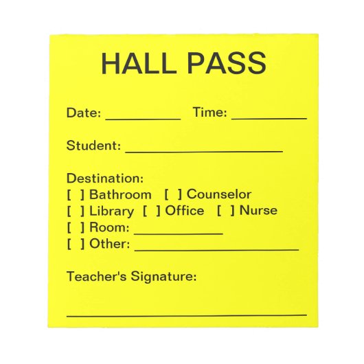 Hall Pass Pad Notitieblok (Voorkant)