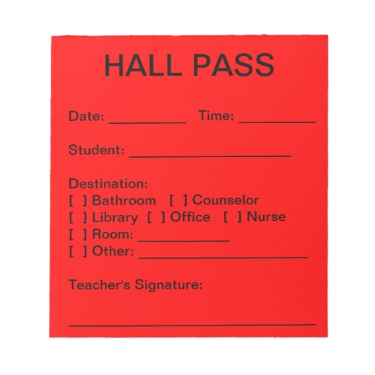 Hall Pass Pad (rood) Notitieblok (Voorkant)