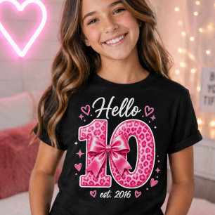 Hallo 10e verjaardag Roze Luipaard Strik Verjaarda T-shirt
