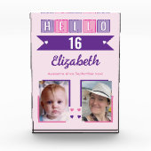 Hallo 16 (elke leeftijd) naam datum roze paars fotoblokken (Voorkant)