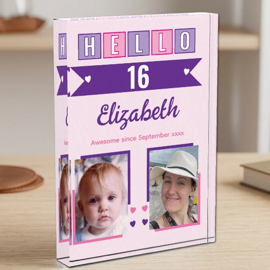 Hallo 16 (elke leeftijd) naam datum roze paars fotoblokken