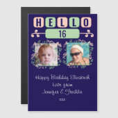 Hallo 16 verjaardag 2 foto blauwe magnetische kaar magnetische uitnodiging (Voorkant / Achterkant)