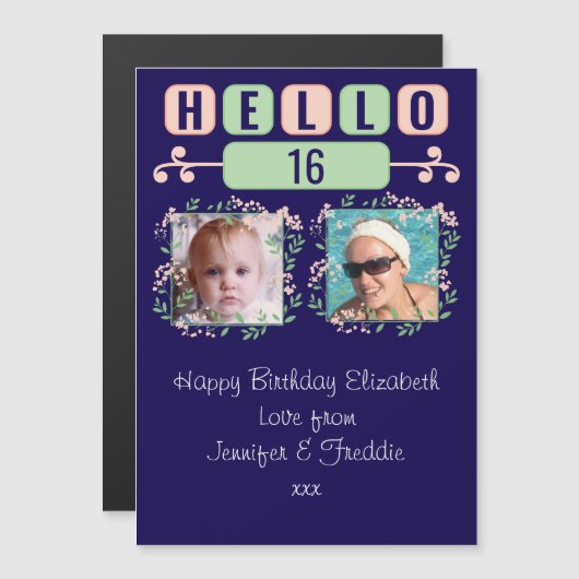 Hallo 16 verjaardag 2 foto blauwe magnetische kaar magnetische uitnodiging (Voorkant / Achterkant)