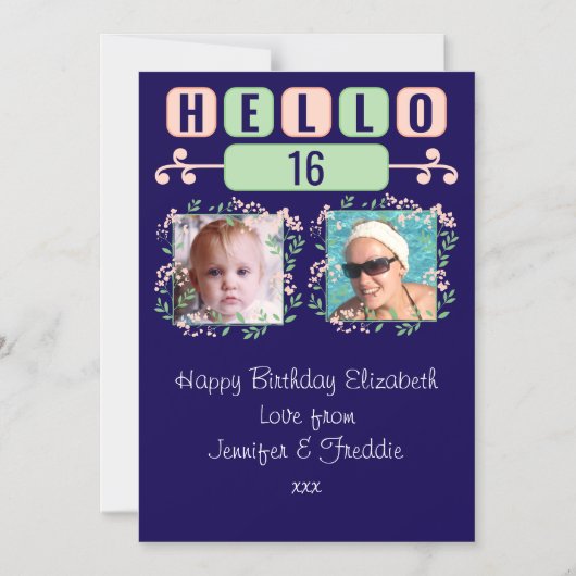 Hallo 16 verjaardag 2 foto blauwe magnetische kaar magnetische uitnodiging (Voorkant)