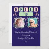 Hallo 16 verjaardag 2 foto blauwe magnetische kaar uitnodiging (Voorkant)