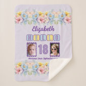 Hallo €18 2 foto naam datum bloemen paarse sherpa deken (Voorkant)