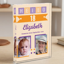 Hallo 18 (elke leeftijd) naam datum oranje paars