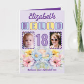 Hallo €18 geboortenaam 2 foto floral paarse kaart (Voorkant)