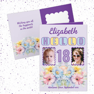 Hallo €18 geboortenaam 2 foto floral paarse kaart