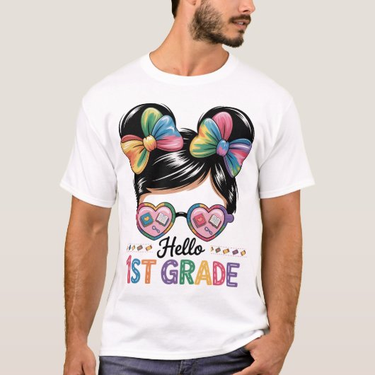 Hallo 1e klas rommelig broodje terug naar school t-shirt (Voorkant)