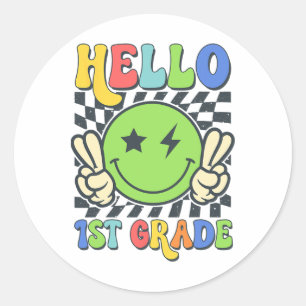 Hallo 1e klas sfeer Groovy glimlach gezicht terug Ronde Sticker