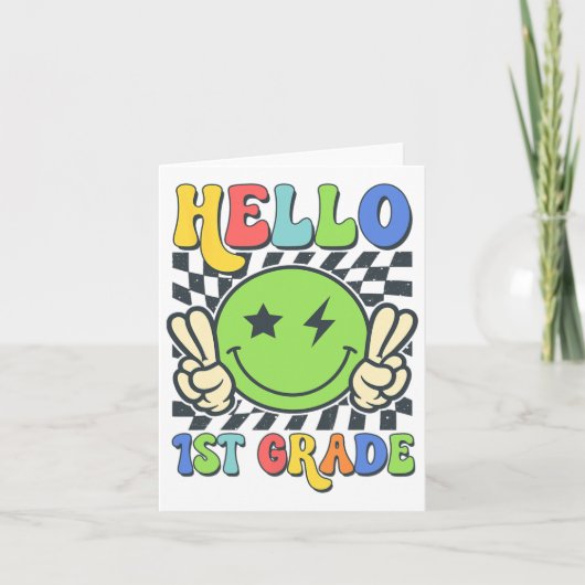 Hallo 1e klas vibes groovy glimlach gezicht terug  kaart (Voorkant)