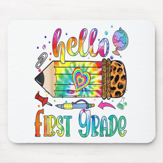 Hallo 1st Grade Leopard Pencil Tie Dye Funny Back Muismat (Voorkant)