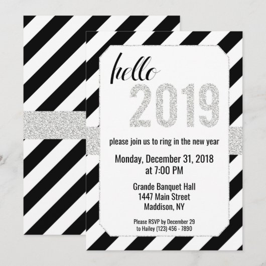 hallo 2019, Silver New Years Eve Invitation Kaart (Voorkant / Achterkant)