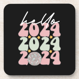 Hallo 2024 Groovy Gelukkig Nieuwjaar Kerstmis Bier Onderzetter