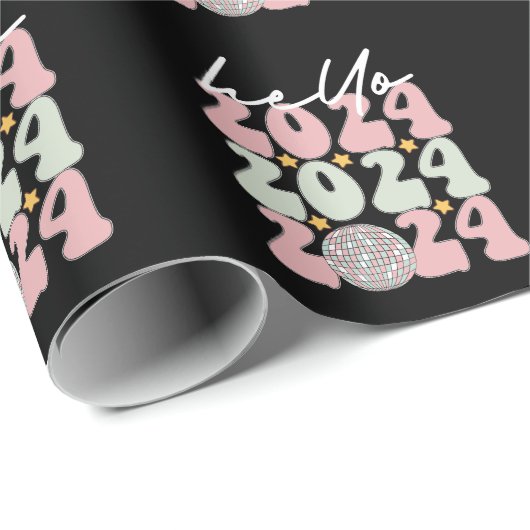 Hallo 2024 Groovy Gelukkig Nieuwjaar Kerstmis Cadeaupapier (Rol Hoek)