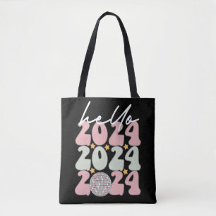 Hallo 2024 Groovy Gelukkig Nieuwjaar Kerstmis Tote Bag
