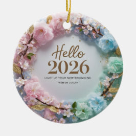 Hallo 2026 Pastel Bloemenkrans Keramiek Ornament