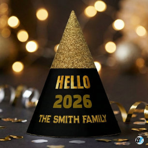 Hallo 2026 Zwart & Goud Glitter Aangepaste Familie Feesthoedjes