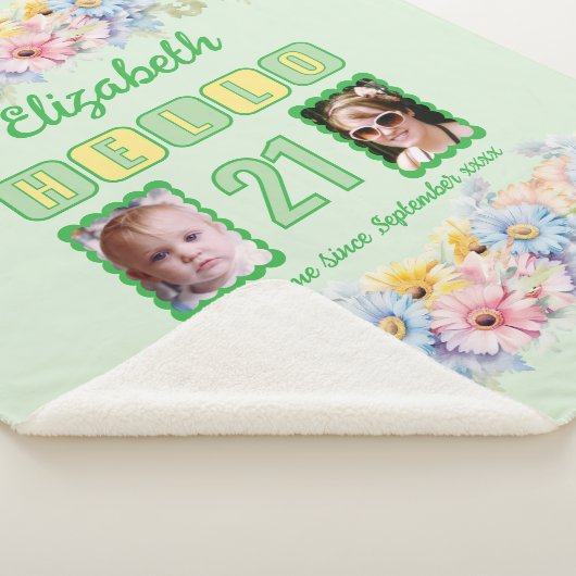 Hallo 21 2 foto naam datum bloemen groen sherpa deken (3/4)