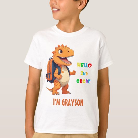 Hallo 2e klas Dinosaurus met naam terug naar schoo T-shirt (Voorkant)