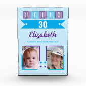 Hallo 30 (elke leeftijd) naam datum blauw paars fotoblokken (Voorkant)