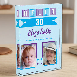 Hallo 30 (elke leeftijd) naam datum blauw paars fotoblokken
