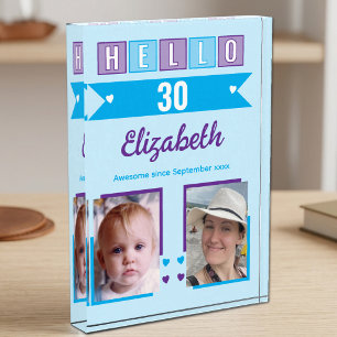 Hallo 30 (elke leeftijd) naam datum blauw paars fotoblokken