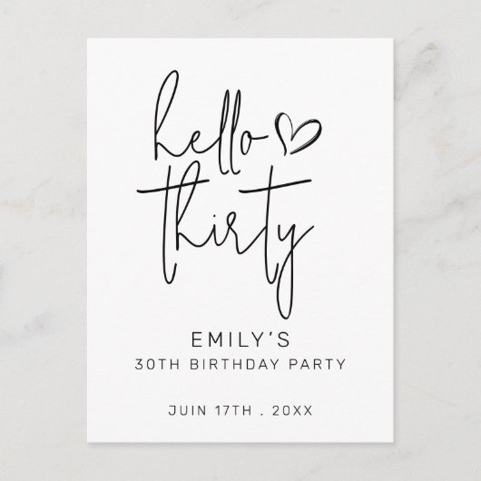 Hallo € 30 Verjaardag Minimaal Zwart Wit Modern Briefkaart (Voorkant)