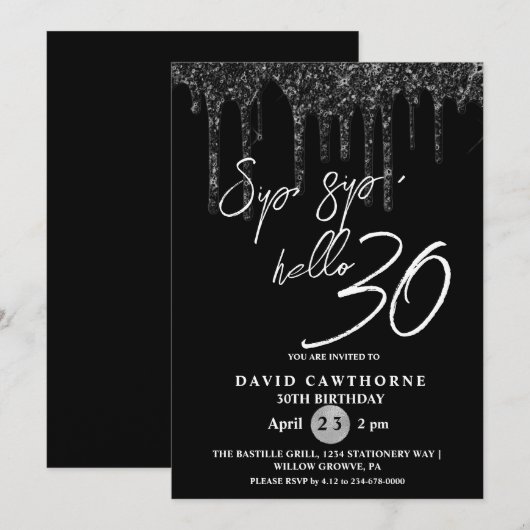 Hallo 30e Black Glitter verjaardagsfeestje Kaart (Voorkant / Achterkant)