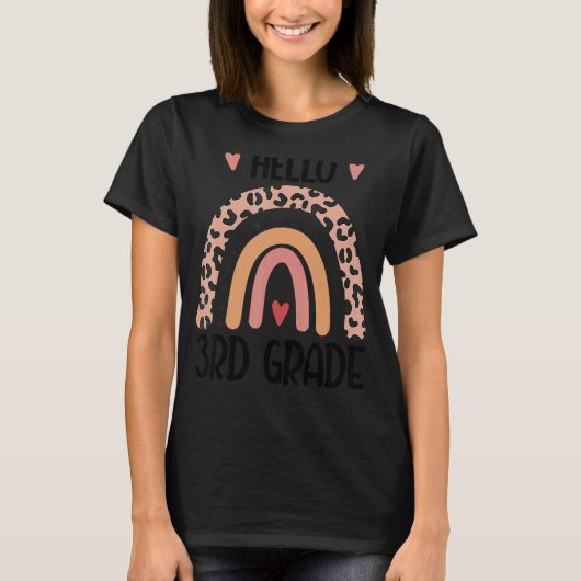 Hallo 3e klas Leopard Rainbow Teacher Kind Terug T T-shirt (Voorkant)