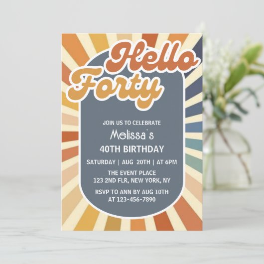 Hallo ₩ 40 Retro Sun Groovy Wave Verjaardag Kaart (Staand voorkant)