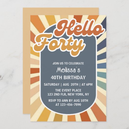 Hallo ₩ 40 Retro Sun Groovy Wave Verjaardag Kaart (Voorkant / Achterkant)