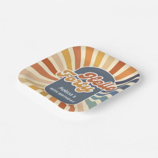 Hallo ₩ 40 Retro Sun Groovy Wave Verjaardag Papieren Bordje (Gebogen)