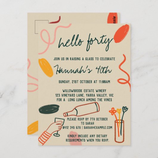 Hallo 40 Veertig wijnmakerij Lunch Verjaardag Briefkaart (Voorkant / Achterkant)
