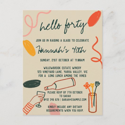Hallo 40 Veertig wijnmakerij Lunch Verjaardag Briefkaart (Voorkant)