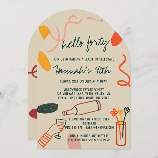 Hallo 40 Veertig wijnmakerij Lunch Verjaardag Kaart (Voorkant / Achterkant)