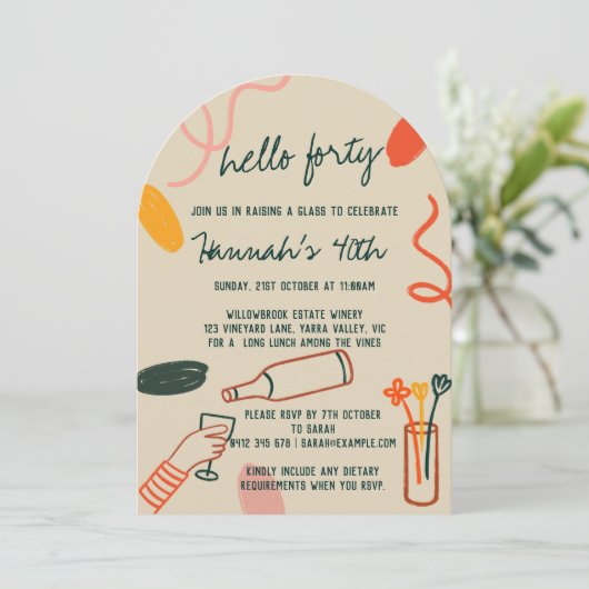 Hallo 40 Veertig wijnmakerij Lunch Verjaardag Kaart (Staand voorkant)